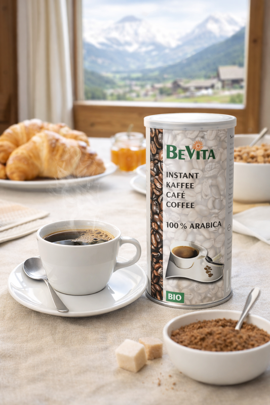 BEVITA café instantané bio 100 % arabica avec caféine, boîte 100 g, emballé en Suisse